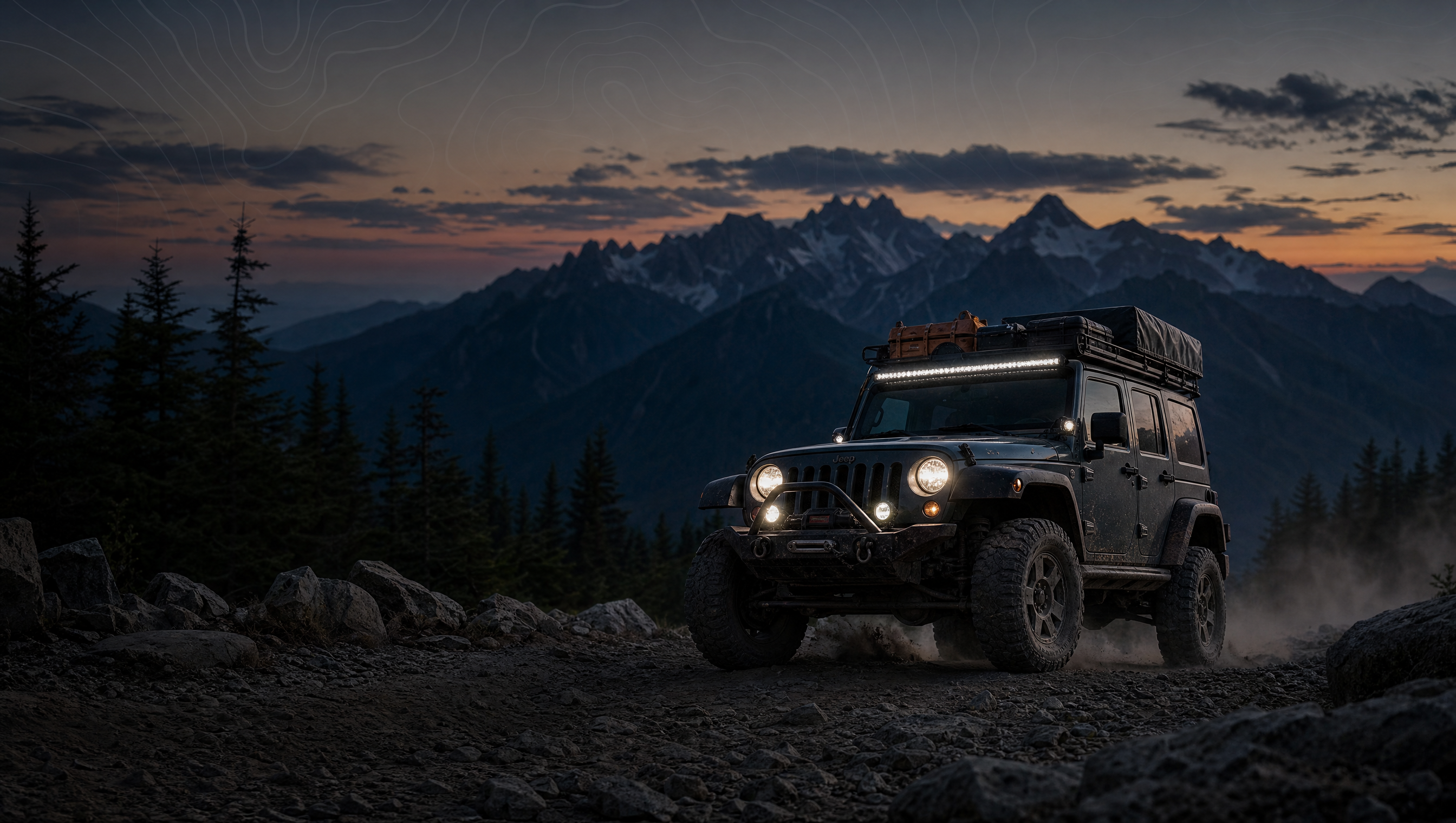 LED light bars and pod lights cutting beams through darkness
